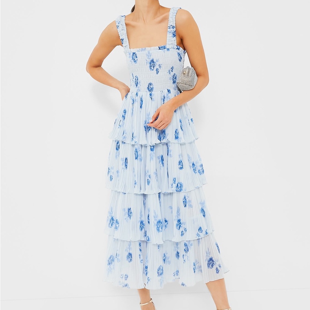 GANNI Heather Pleated Georgette Smock Midi Strap Dress